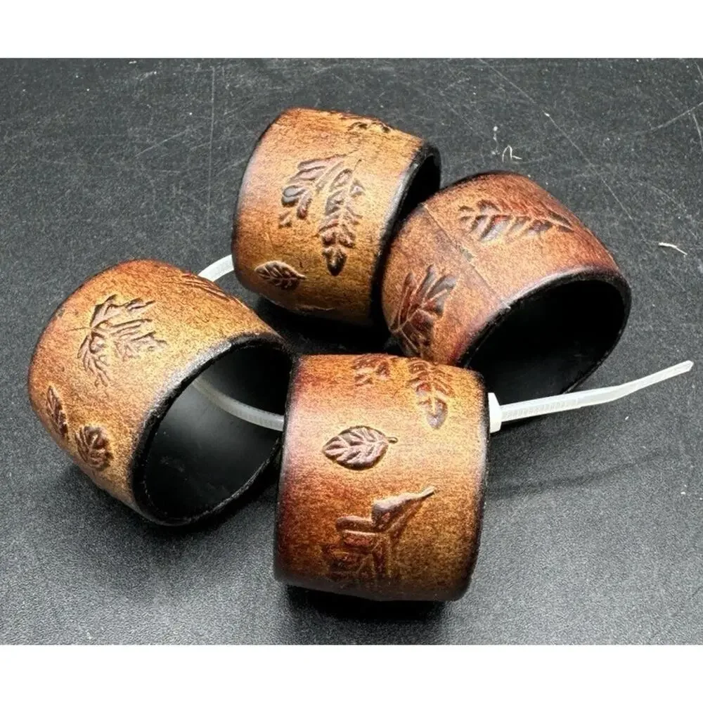 Vtg Napkin Serviette Rings Leather Thanksgiving Autumn Design Leaves -A97